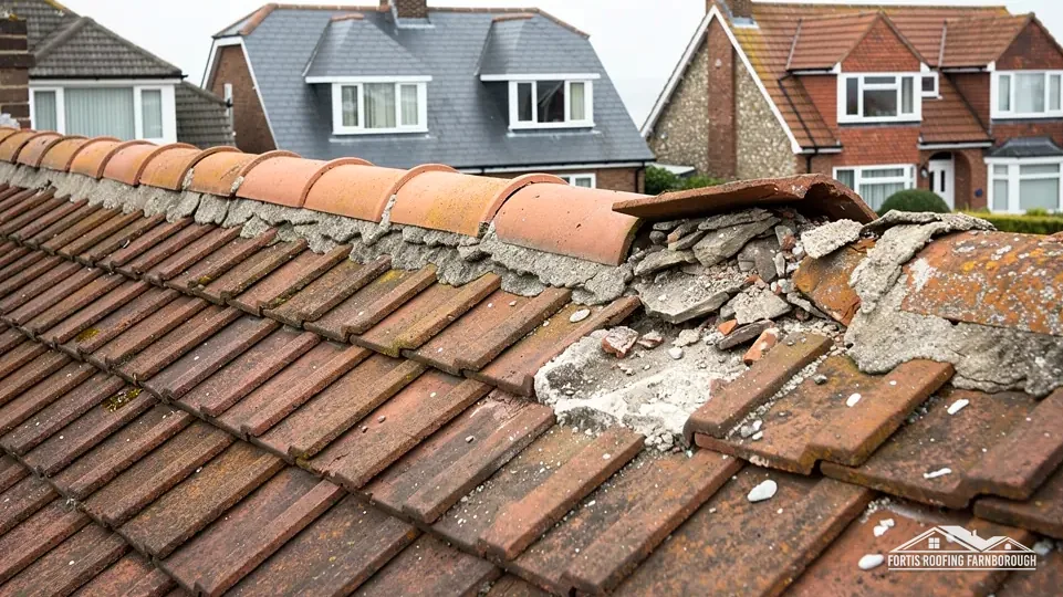 Clay ridge tiles with cracked and missing mortar bedding along a tiled roof