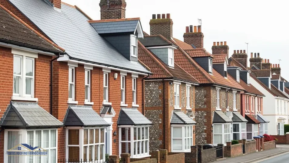 Edwardian red-brick terrace with slate roofs, dormers and slate-covered bay roofs