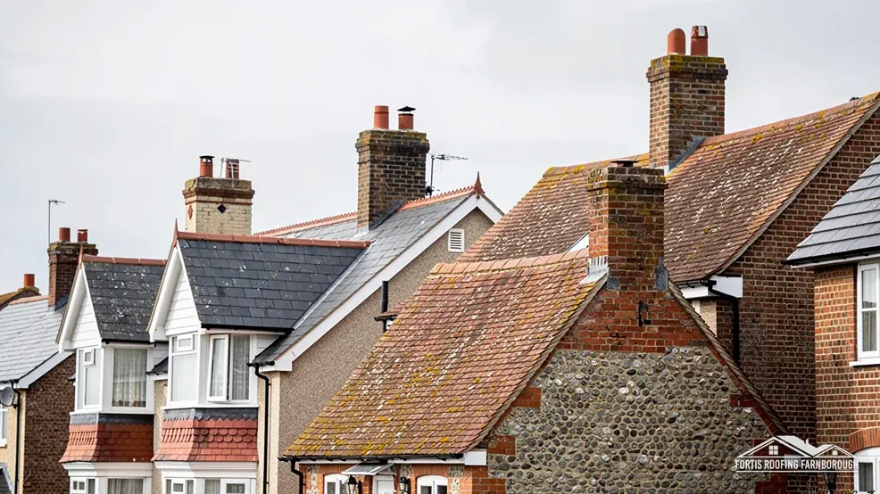 Tiled and slate rooftops with brick chimney stacks on inter-war and post-war houses
