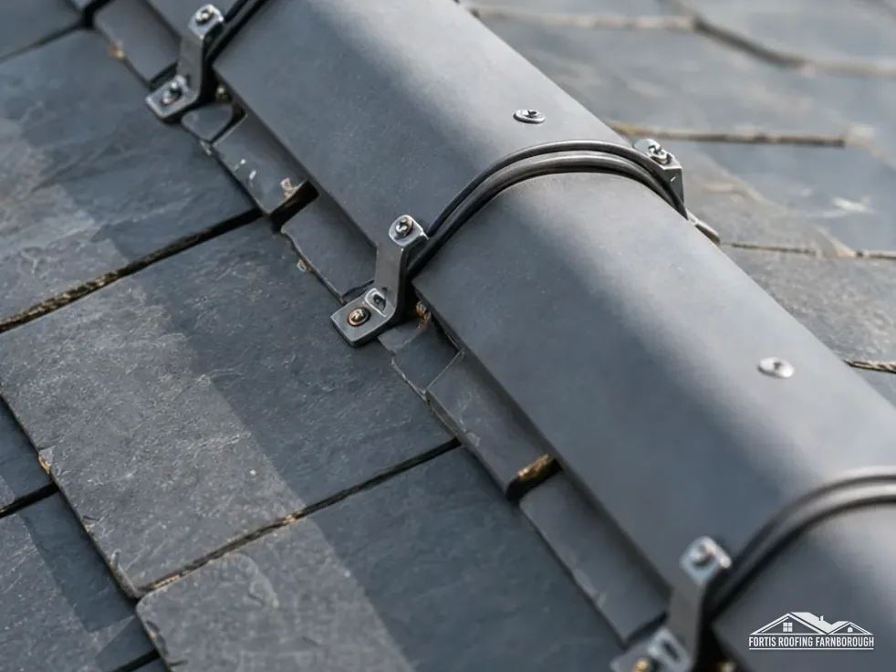 Dry-fixed ridge held with metal clips on a slate roof